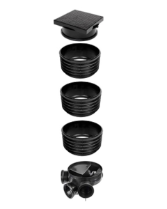 320mm Manhole Chamber x 2 Inlet (DFPTE369D x 1) + 1 x 160mm Riser (DFPTE370D x 3) + 1 x Square to Round Cover & Frame (DFPTE426D x 1)