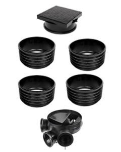 320mm Manhole Chamber x 2 Inlet (DFPTE369D x 1) + 1 x 160mm Riser (DFPTE370D x 4) + 1 x Square to Round Cover & Frame (DFPTE426D x 1)