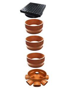 315mm Level Invert Chamber Base with 6 x 110mm Inlets Inclusive of 4 blanking Plugs DFPTE701 + 3 Risers DFPTE702 + 1 Square Cover & Round Base DFPTE703