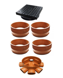 315mm Level Invert Chamber Base with 6 x 110mm Inlets Inclusive of 4 blanking Plugs DFPTE701 + 4 Risers DFPTE702 + 1 Square Cover & Round Base DFPTE703