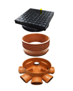 315mm Level Invert Chamber Base with 6 x 110mm Inlets Inclusive of 4 blanking Plugs DFPTE701  + 1 Riser DFPTE702 + 1 Square Cover & Round Base DFPTE703