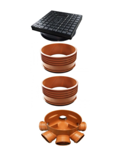315mm Level Invert Chamber Base with 6 x 110mm Inlets Inclusive of 4 blanking Plugs DFPTE701 + 2 Risers DFPTE702 + 1 Square Cover & Round Base DFPTE703